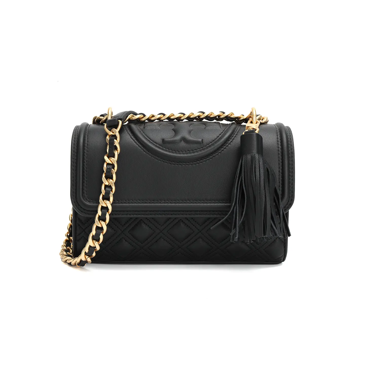 Tory Burch Fleming Quilted Embossed Tassel Pendant Woven Chain Flap Crossbody Bag for Women, Small, Black