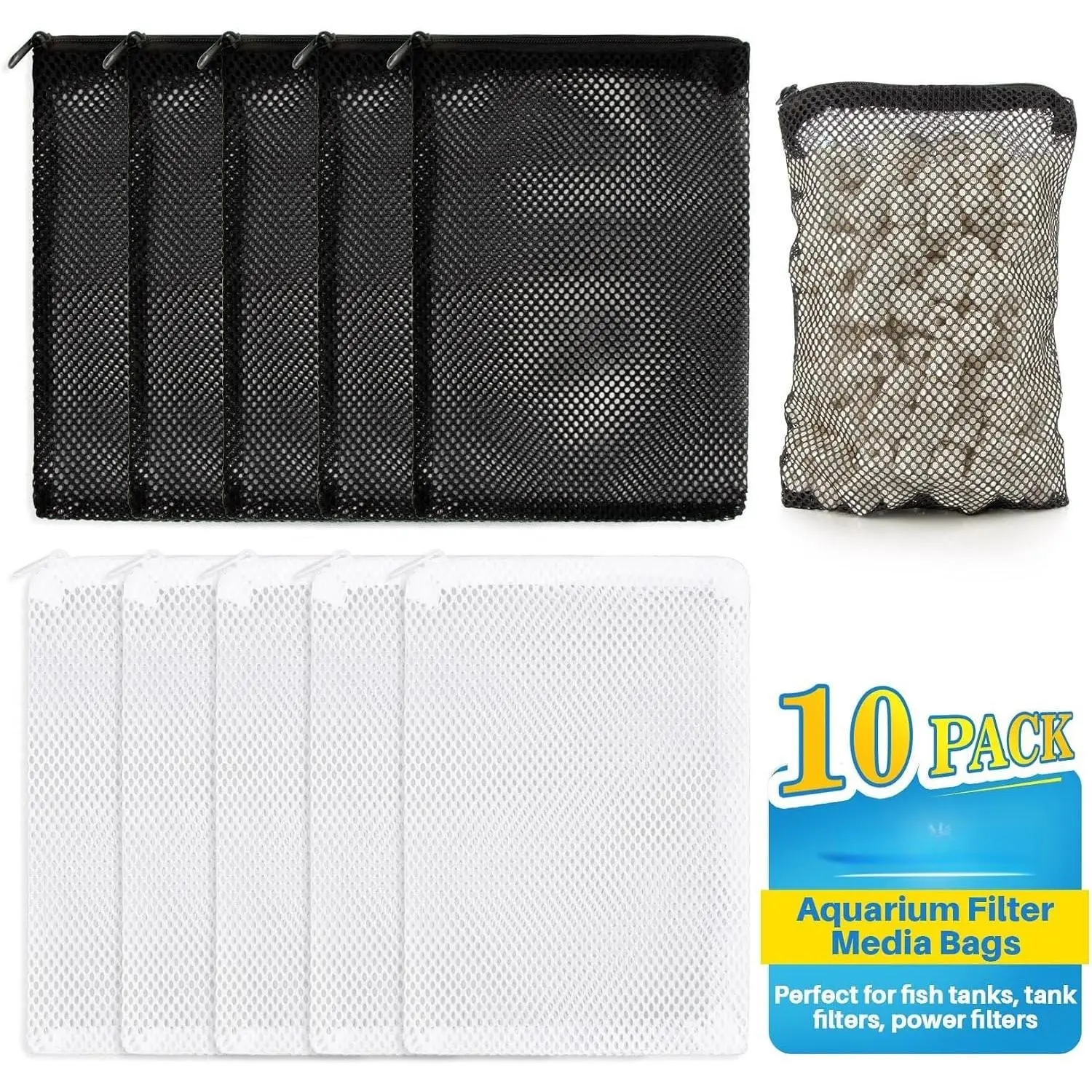 10 Pack Aquarium Filter Media Bags -  Mesh Bags with Zipper | For Activated Carbon, Ceramic Rings and Filter Balls in Fish Tanks and Ponds, 5.9 x 7.8 Inch