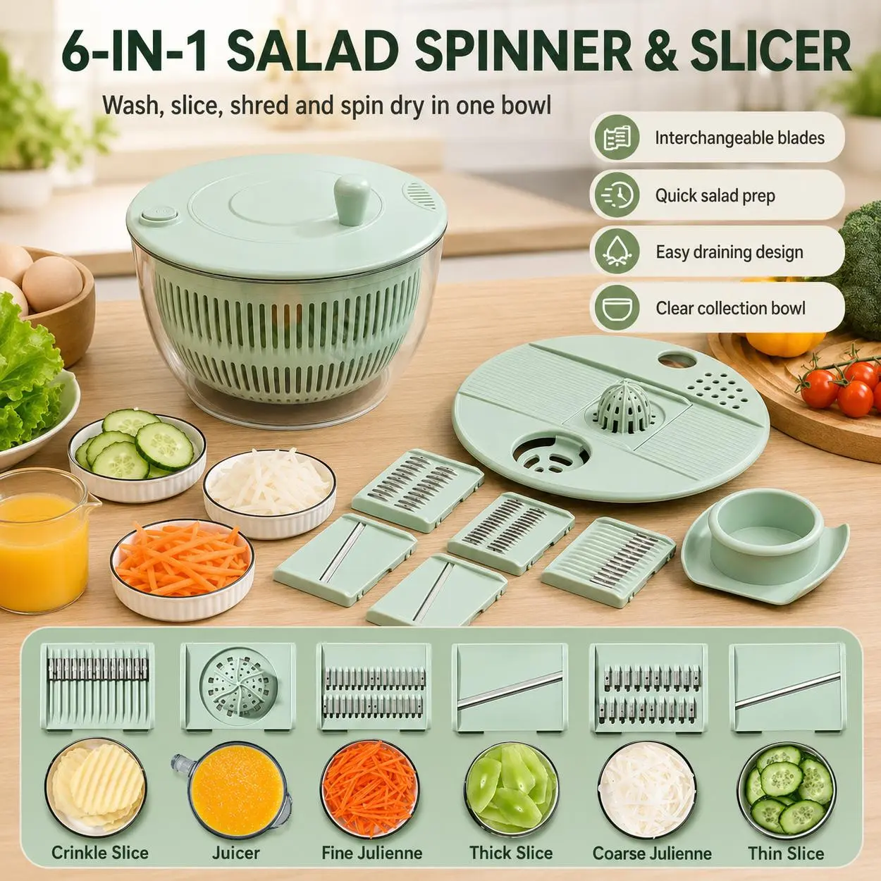 2-in-1 Salad Spinner Vegetable Chopper Large Lettuce Spinner with Drain Basket, Hand Crank Fruit Washer Slicer Shredder, Interchangeable Blades for Cucumber Potato Carrot Salad Greens, Kitchen Prep Tool for Home Cooking, Meal Prep and Washing