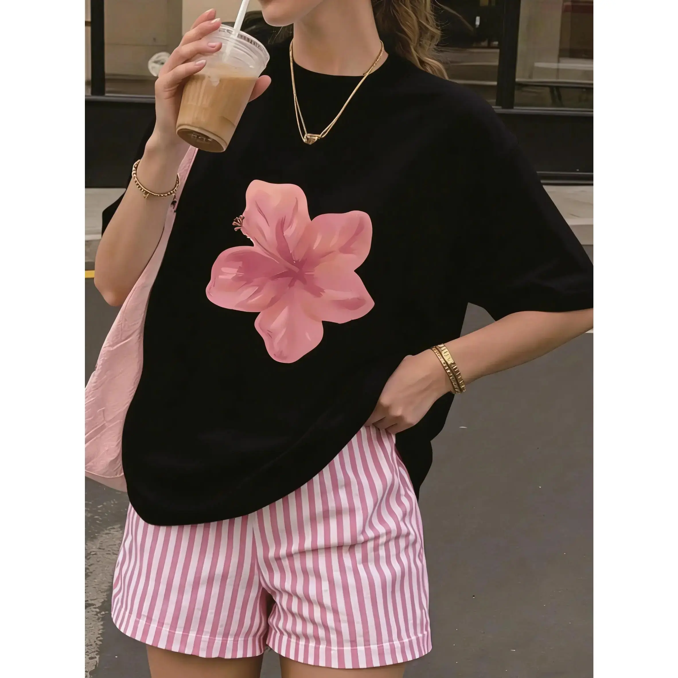 Women Oversized Soft Cotton Crew Neck T-Shirt, Minimal Single Large Pastel Pink Hibiscus Tropical Flower Front Graphic Print, Solid Color Loose Fit Short Sleeve Top For Summer Casual Daily Outfits, Coffee Run & Vacation Aesthetic