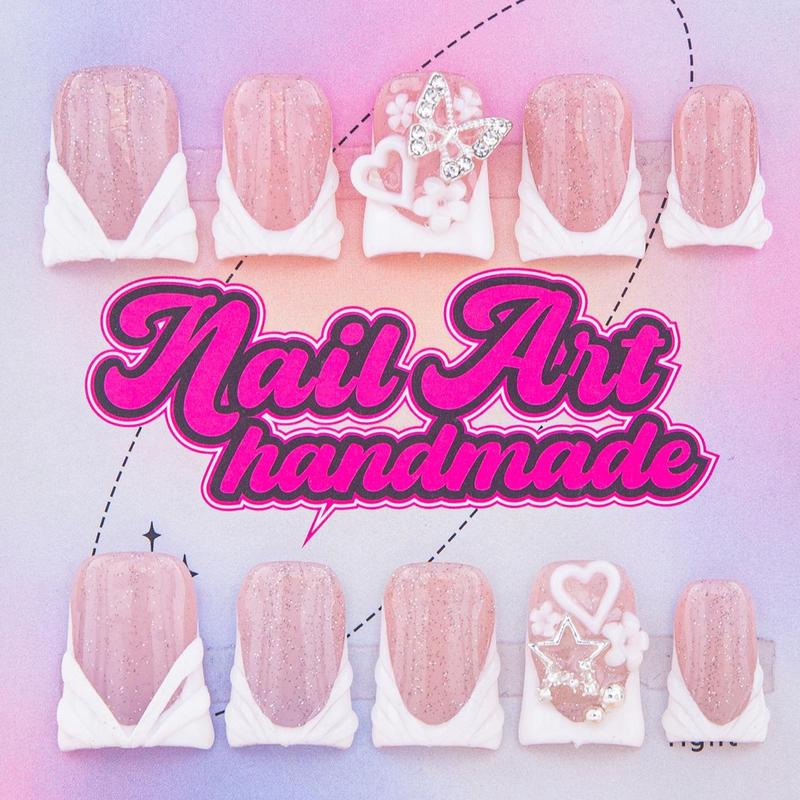 Rhinestone Decor Fake Nails with Nail File & Tape, 10pcs/set Glossy False Nails for Women Girls Nail Art, Effortless Press on Nails Manicure Set, Glitter Nails Art Kit