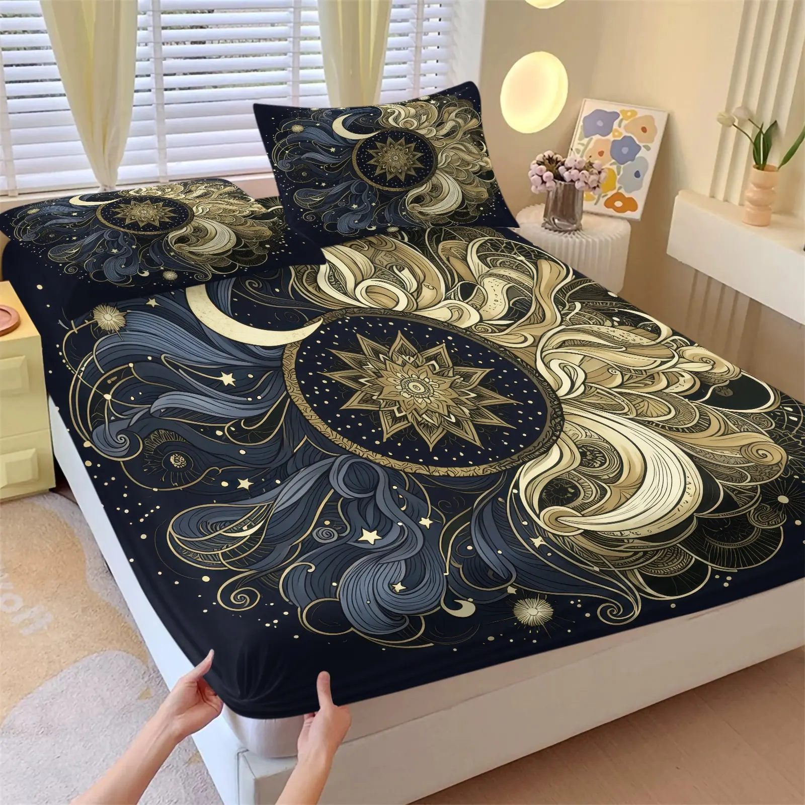 Black Gold Astrology Moon Sun Mandala Fitted Sheet Set 3-Piece - Deep Pocket High Elastic Soft Microfiber Luxury Mysterious Bohemian Bedding - Suitable for Astrology Lovers' Bedroom & Dark Dorm Decor