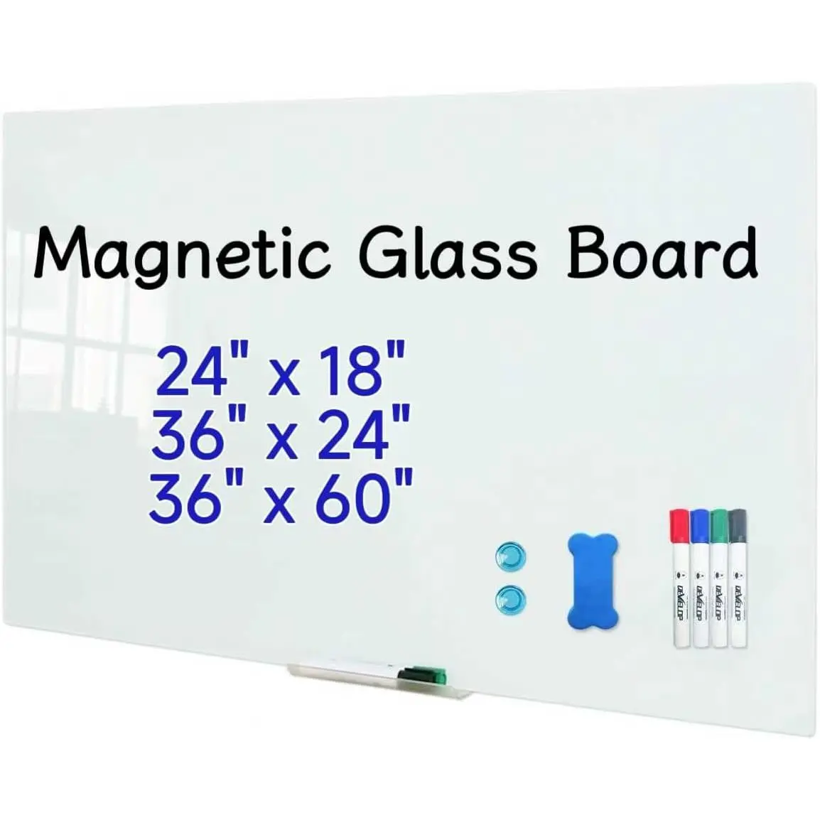 Glass Whiteboard, 24 x 18 Inches (60 x 45 cm), Small Tempered Glass Dry Erase Board for Wall, Frameless Whiteboards with Marker Tray, 4 Markers, 2 , 1 Eraser