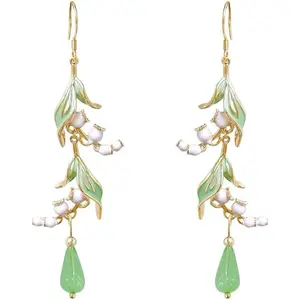 of the Valley Long Dangle Drop Earrings for Women  Plated Elegant White Flower Green Leaf Enamel Teardrop  Dangling Statement Hook Spring Summer Holiday  Fashion