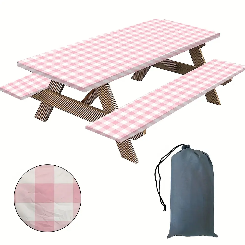 3PCS Table Covers and Bench Covers with Elastic Edges, 6 Ft Red and White Buffalo Plaid Fitted ,Outdoor ,Camping and party.