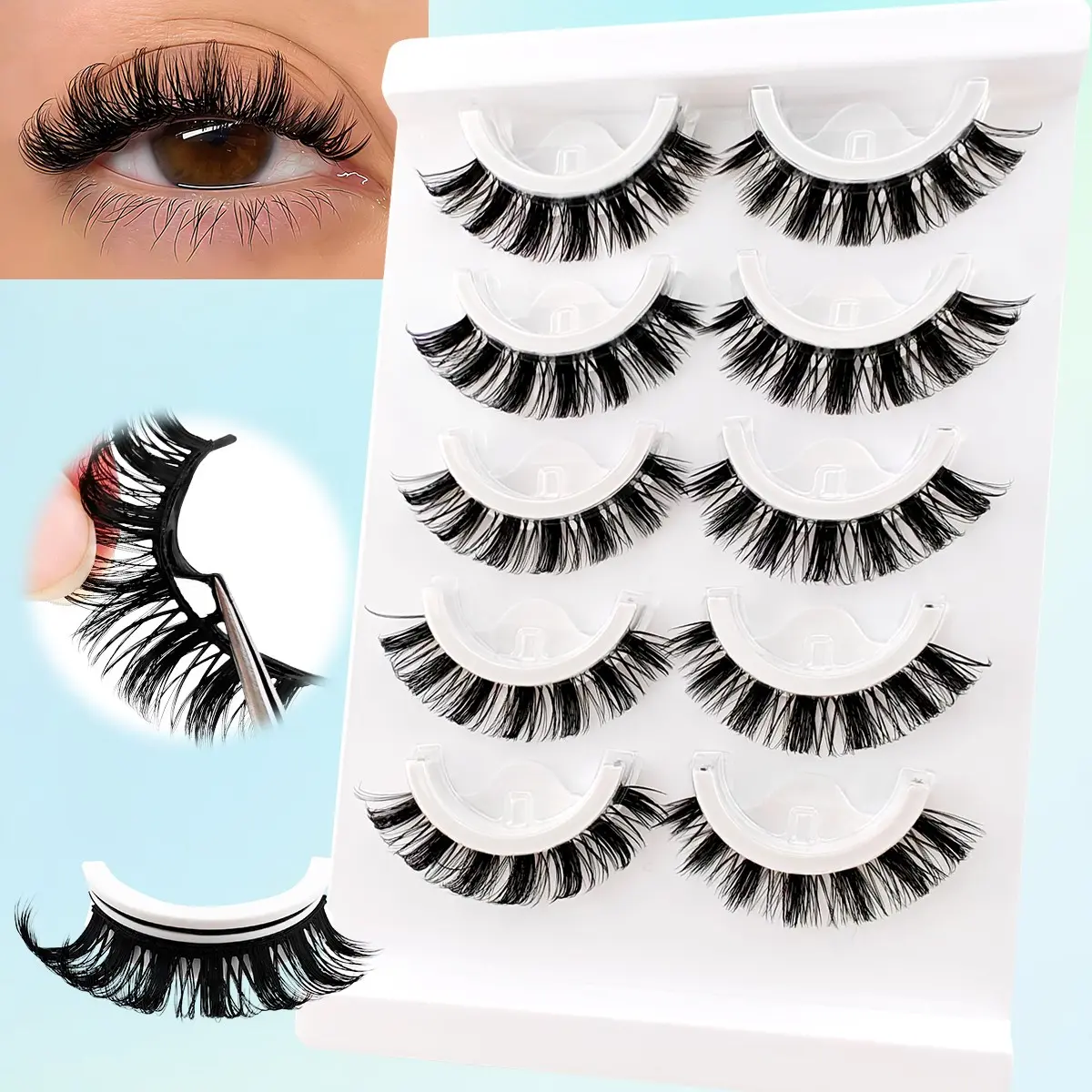 5 Pairs Glue-Free False Eyelashes, D-Curve Cat Eye Look, Reusable with Replacement Adhesive Strips, Perfect for Beginners
