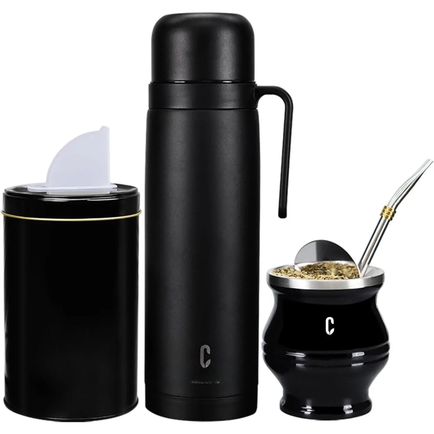 Stainless Steel Yerba Mate Kit, Gourd, 33.8oz Insulated Bottle, Container, Bombilla, Cleaning Brush,  Filter Set, Matte Black