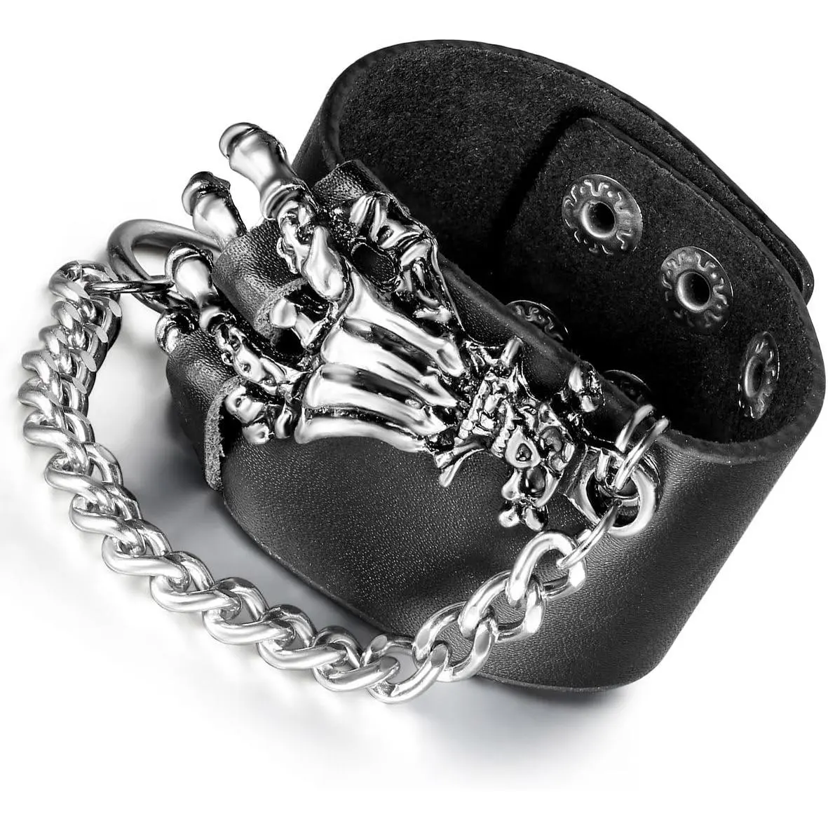Punk Skull Leather Cuff Bracelet for Men Women, Goth Black Biker Wide Strap Adjustable Bangle Wristband for Halloween Costume Party