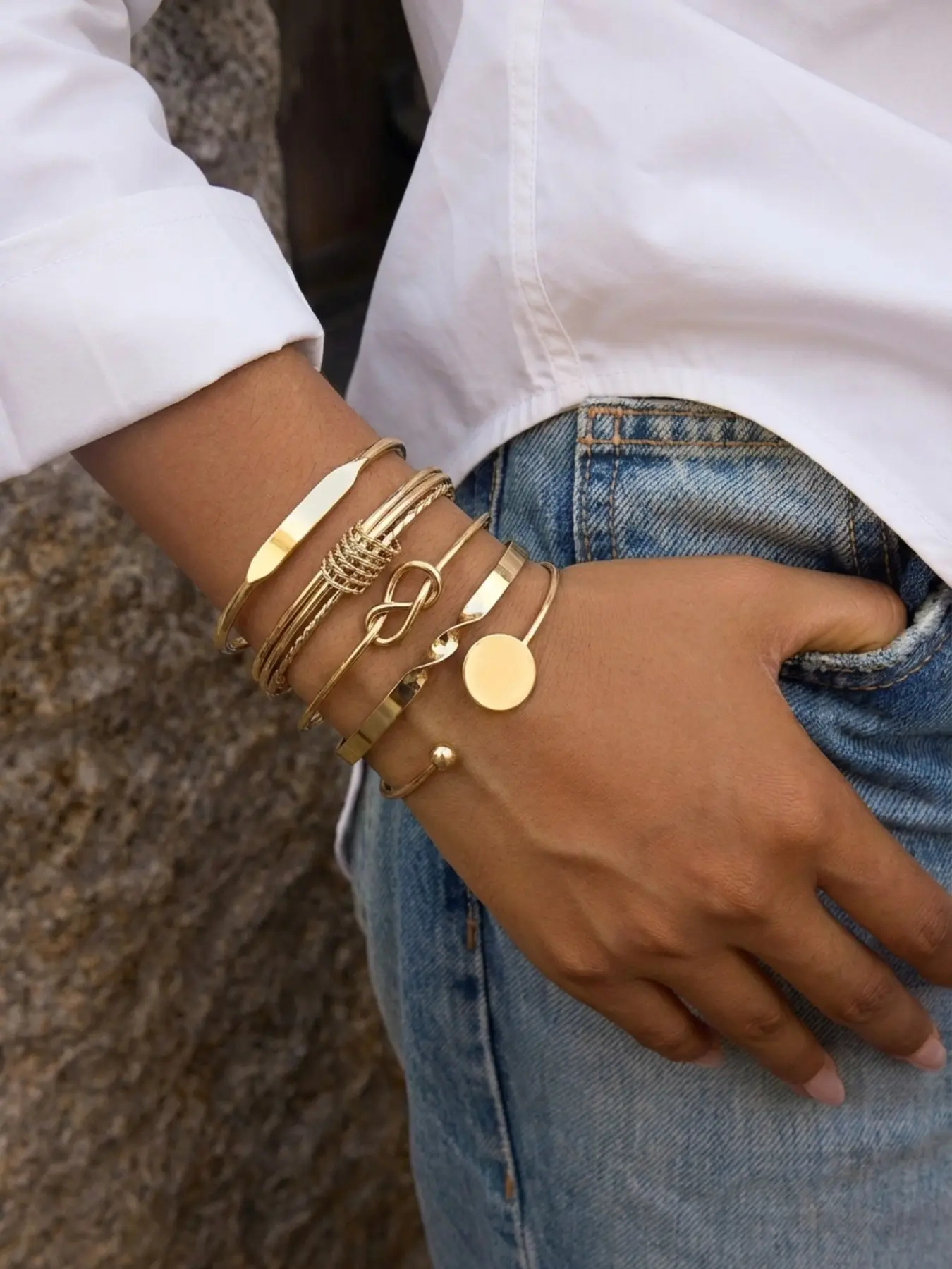 5-Piece Luxury Bracelet Set, Versatile Commuter Style, Smooth Wide Bracelet, Knot Twist Bracelet, Heart Knot Bracelet, Wave Bracelet, Round Plate Bracelet, Beaded Open Bracelet, Layered Look, Fashion Bracelet, Mix Bracelets, Matching Bracelets