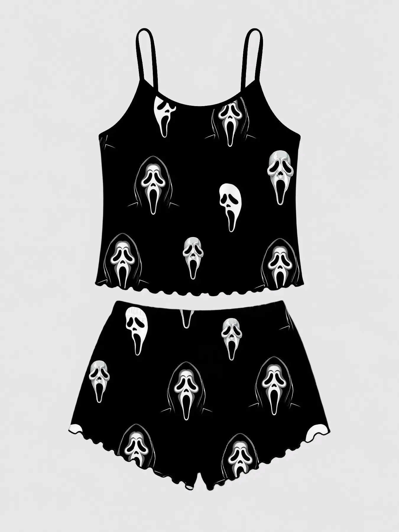 Women's Two-Piece Pajama Set, Strap Top Sleeveless & Elastic-Waist Shorts, Casual Comfortable Home Sleepwear, Halloween Design, Suitable for All Seasons