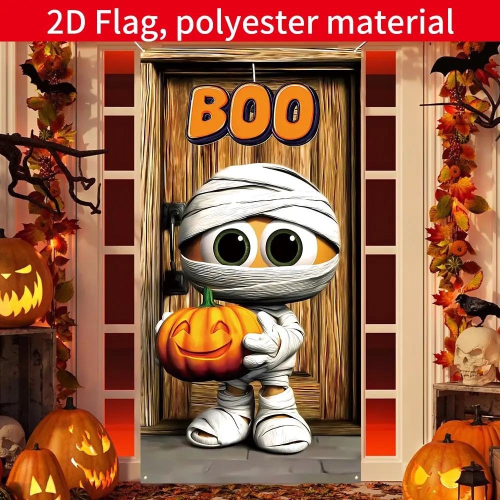 1 large Halloween door decoration - funny mummy pumpkin hanging banner, BOO design, no need for electricity, easy to hang banner suitable for porch, house, party - Ghost Autumn, Halloween, Christmas decoration, cartoon style holiday decoration tc