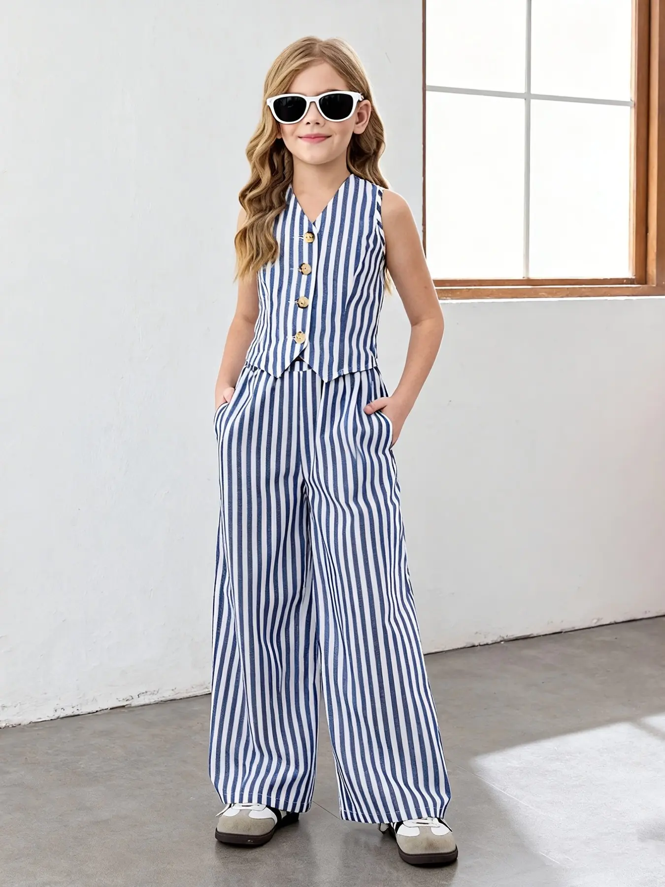 Fashionable Girl Blue Striped Sleeveless Blazer Vest and Wide Leg Pants Summer Clothes Set, Set Outfit, Y2K Style, Casual for Kids, Striped Sets