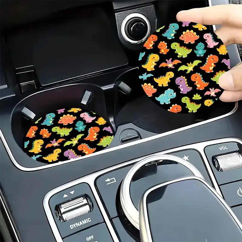 2pcs Cute Dinosaur Pattern Printed Car Coasters, Non-Slip, Durable, and Easy to Clean, Cup Holder Decor, Suitable for Daily Commuting, Long-Distance Road Trips, Dates, and Other Scenarios, Unisex, a Stylish Car Interior Accessory and an Excellent