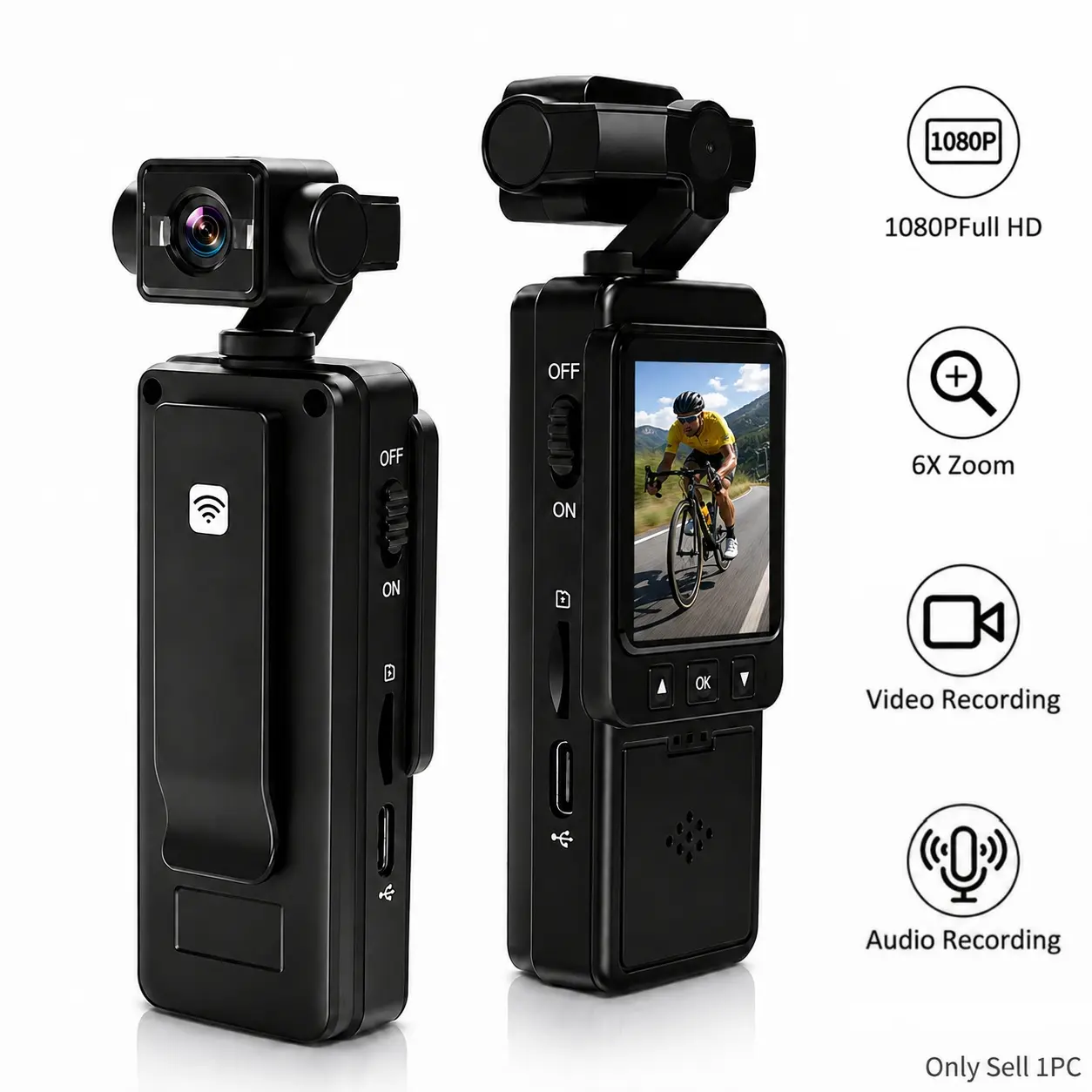 1080P Action Camera with  6X Digital Zoom,270°Rotatable Lens, WiFi Pocket Camera, Color Night Vision,Portable Wearable Body Cam,POV Camera,VloggingCamera