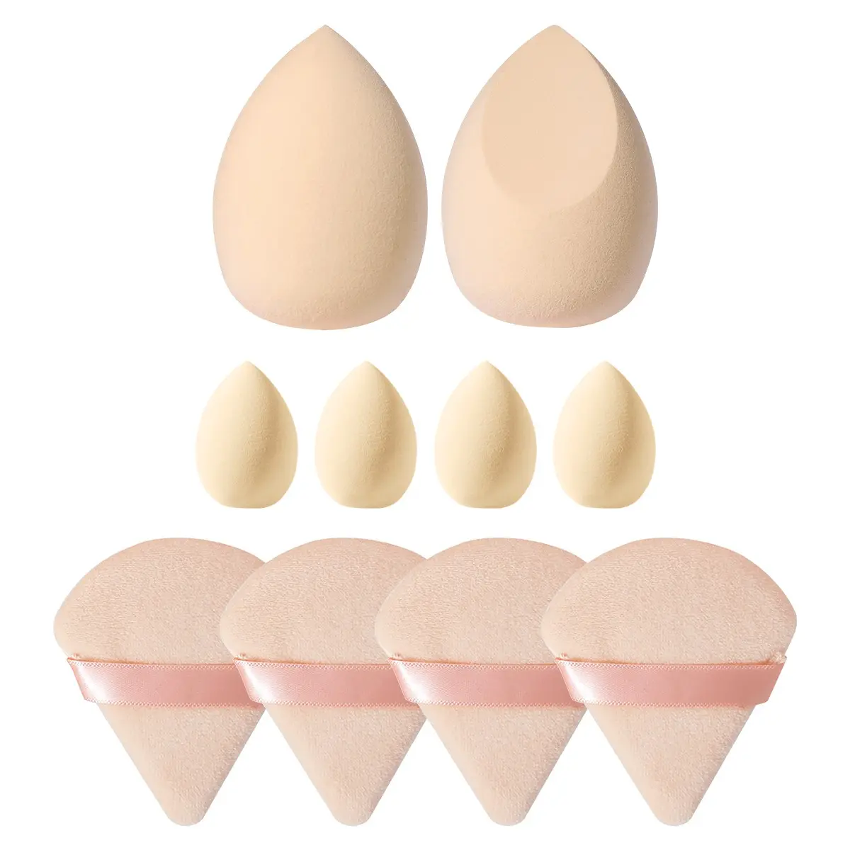 10 Piece Makeup Sponge Set, 2 Large Teardrop Beauty Eggs, 4 Mini Finger Puffs, 4 Triangle Velour Puffs, Latex-Free, Dry Wet Use, Foundation, Concealer, Setting Powder
