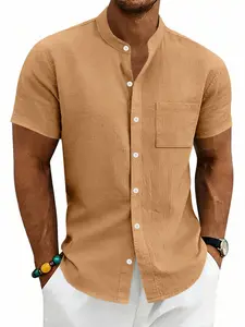 Men's Hawaiian Tropical Style Linen Breathable Short Sleeve Shirt Relaxed Fit, Casual Retro Stand Collar Open Front Jacket, Summer Fashion for Men