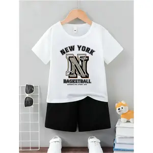 Children'S Short Sleeved Shorts Set - Street Fashion Casual Style - "New York Basketball" Letter Pattern Print, Lively And Playful Design - Summer Casual Outdoor Set, Polyester Fiber, Comfortable for All Seasons