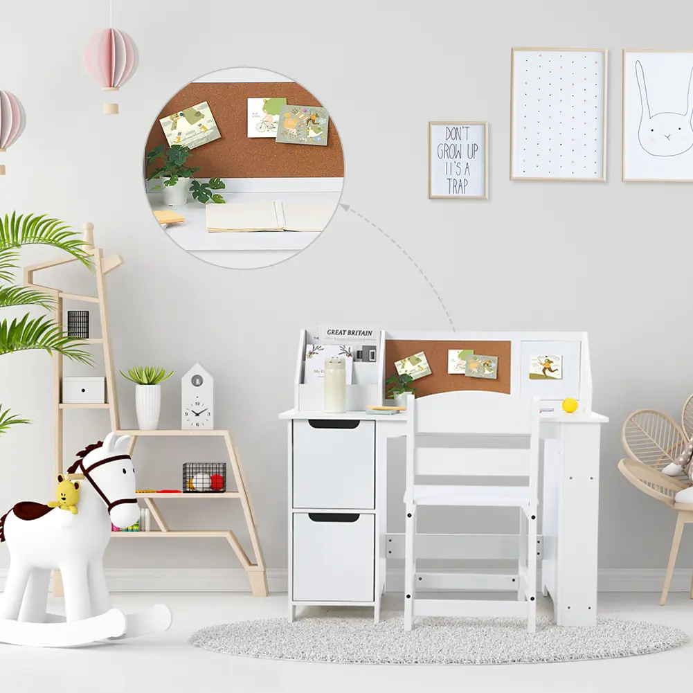 Kids Wooden Art & Study Desk Set with Hutch, Bookshelf, Bulletin Board, Side Shelves & Storage - Ideal for Homework, Creativity - White or Pink Children's Indoor Furniture