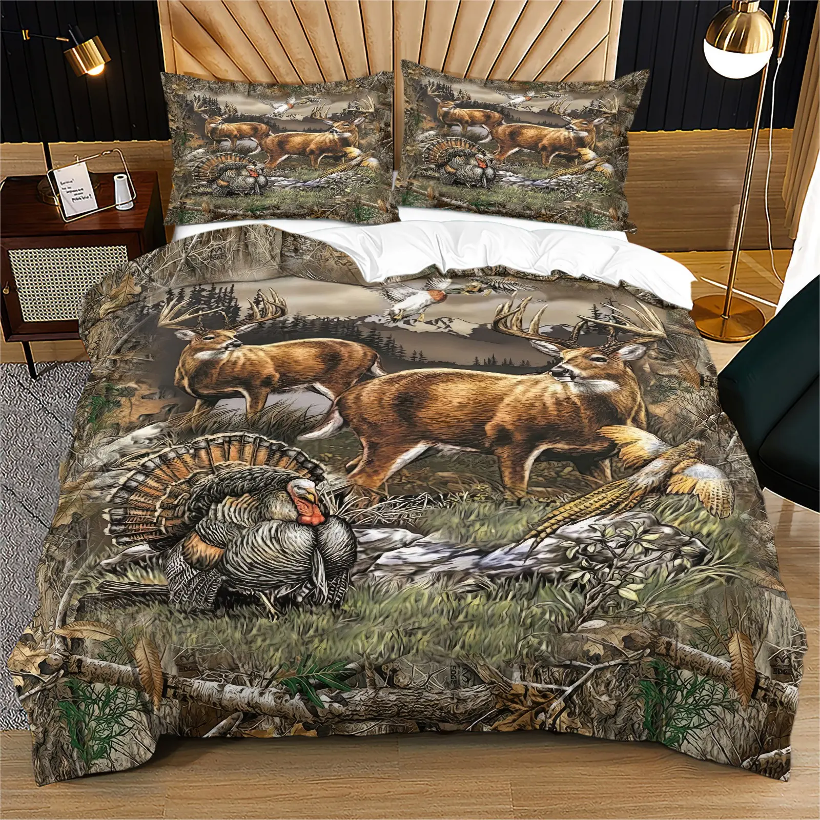 Camo Forest Wildlife Deer Turkey Duvet Cover Set, Hunting Bedding Set, Camouflage Bedding Set, Soft Microfiber, HD Digital Print, Zipper & Corner Ties, Machine Washable, Includes 1/2 Pillowcases - without Core Bedroom Decor