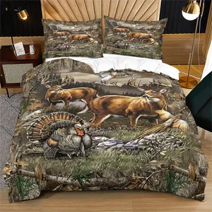 Camo Forest Wildlife Deer Turkey Duvet Cover Set, Hunting Bedding Set, Soft Microfiber, HD Digital Print, Zipper & Corner Ties, Machine Washable, Includes 1/2 Pillowcases - without Core Bedroom Decor