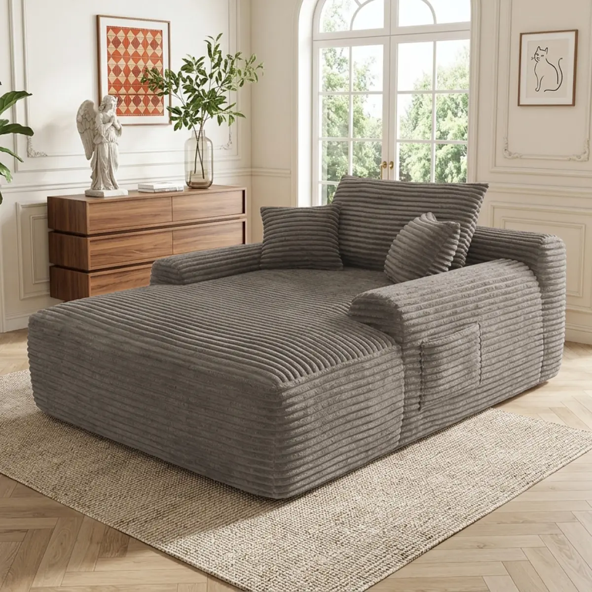 Convertible Chaise Lounge Chair with Pillows, Boneless Sleeper Sofa Bed with Wide Armrest & Side Pocket, Plush Armchair Cloud Couch for Living Room, No Assembly Required, Brown