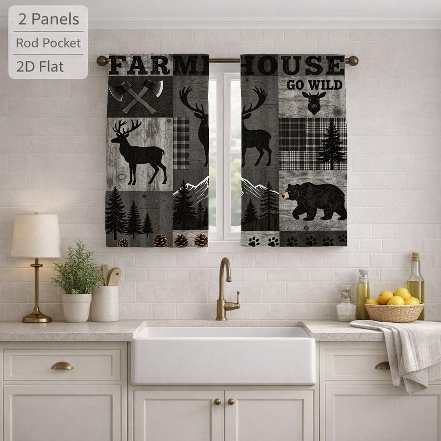 2Pcs Rustic Woodland Animal Deer Bear Plaid Patchwork Sun Blocking Curtains Digital Printed Rod Pocket, Window Treatment For Bedroom Office Kitchen Living Room Study Home Decor