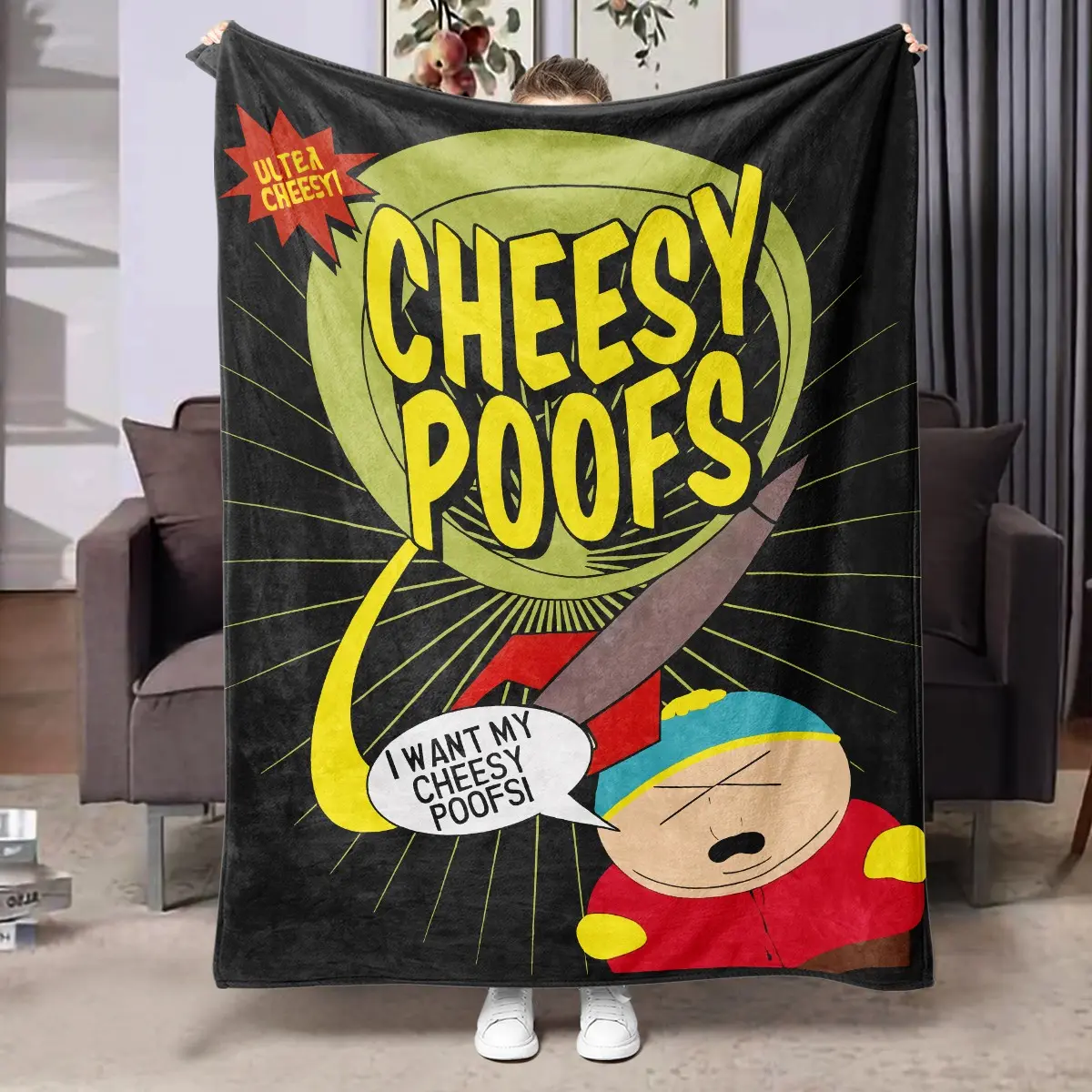 1pc Cheesy Poofs Flannel Blanket, Funny Cartoon Fleece Throw Blanket, Snack Theme Retro Animation Blanket, Humorous Pop Culture Cozy Blanket for Sofa Bed Couch Office Camping Travel, Birthday Christmas Gift