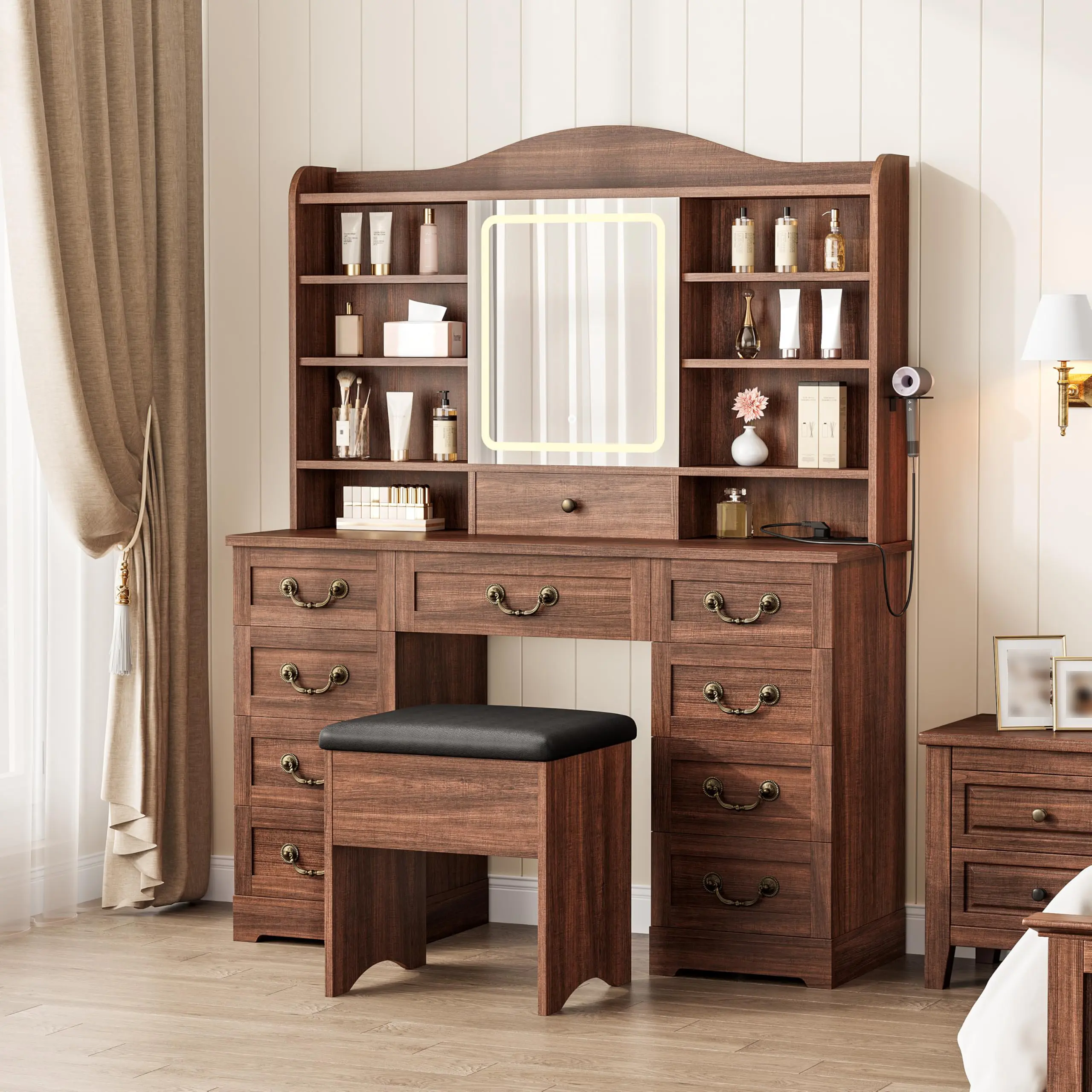 Retro Vanity Desk with Mirror and Lights |Makeup Vanity Desk with Stool  | Large Dressing Table with 10 Drawers | Space-Saving Makeup Desk for Bedroom, Powder Room