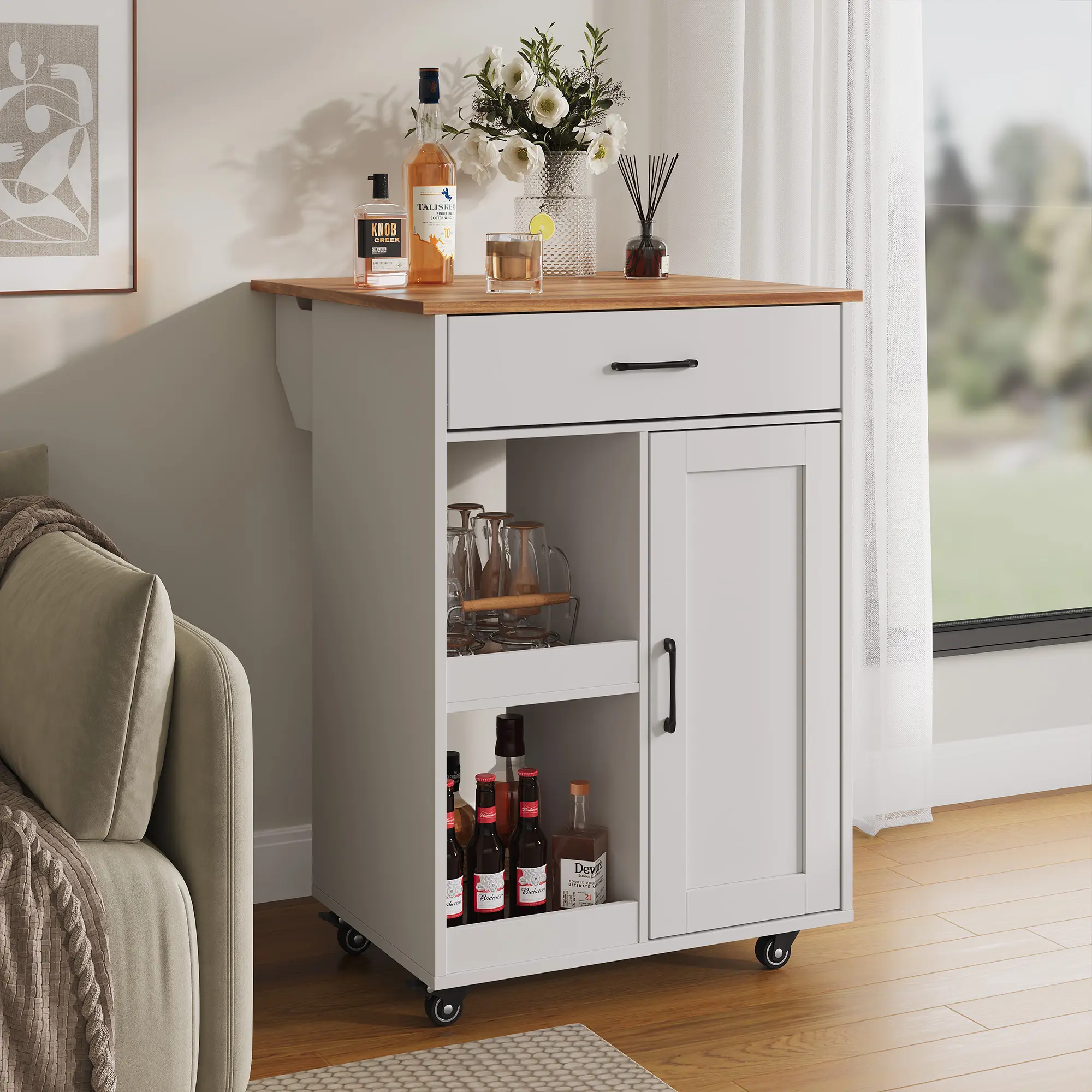 Multi-Purpose Rolling Kitchen Island Cart - Drop Leaf, 1 Drawer, 2 Open Shelves, Coffee Bar & Microwave Stand