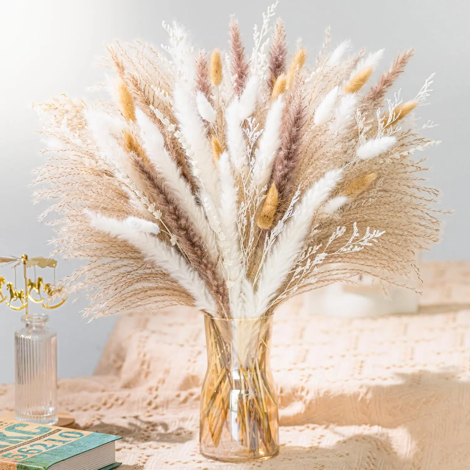 Dried Natural Pampas Grass Mix Bouquet 8 Kinds | Boho Wedding Flowers Home Table Desk Decor, Rustic Farmhouse Decor (93 PCS)Gift
