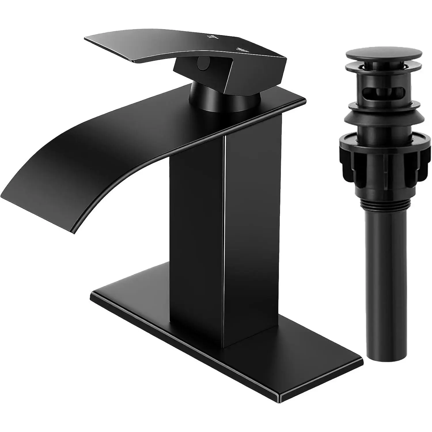 Matte Black Modern Waterfall Bathroom Faucets, Single Handle 1 or 3 Hole RV Vanity Mixer Tap with Pop-up Drain, Supply Hoses, and Deck Plate