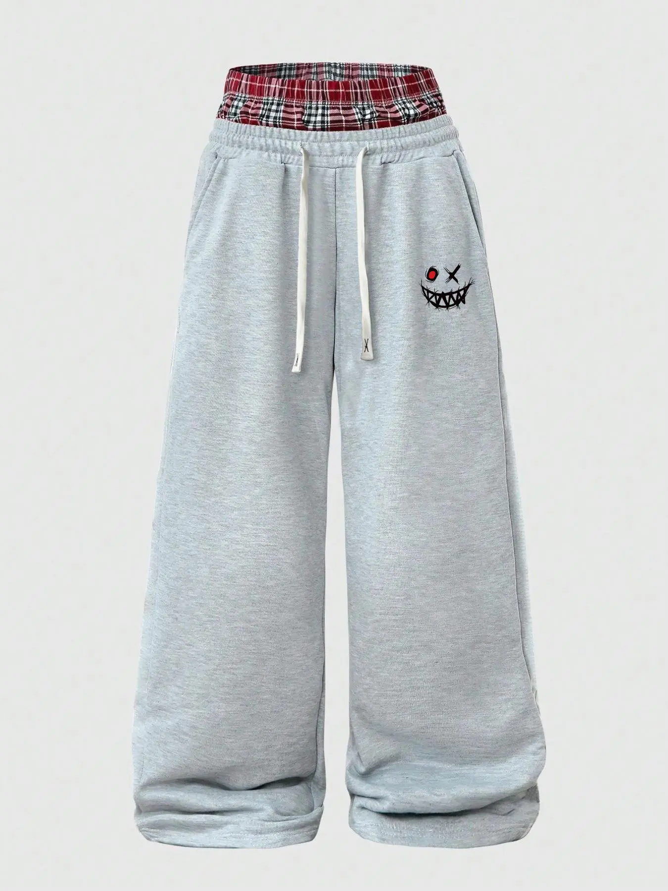 Double Layer Plaid Patchwork Wide Leg Sweatpants, Light Hemp Loose Floor Pants, Graphic Smiley Print, Soft Knit Fabric, Unisex Y2K Streetwear