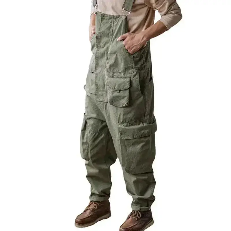 baggy sweatpants men Cotton Overalls Bibs Loose Washing Jumpsuit Men's Suspenders Four Seasons Full Length Baggy Pants Menswear Green Stonewashed Denim Bib Overall Relaxed Fit Denim Bib Overall Adjustable Denim Overall Jumpsuit