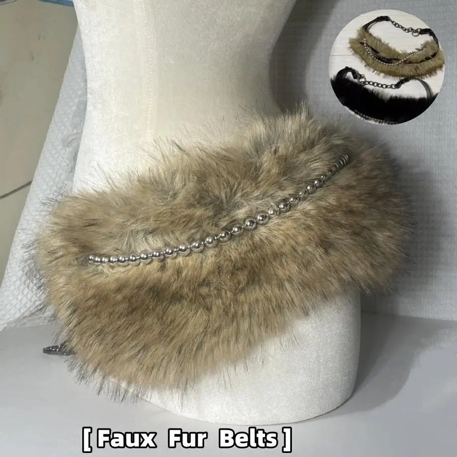 Y2K Metal Bead Chain Plush Waist Chain Faux Fur Belts Furry Fur Sexy Cool Girl Waistband Punk Belt Night Club Pros Accessories