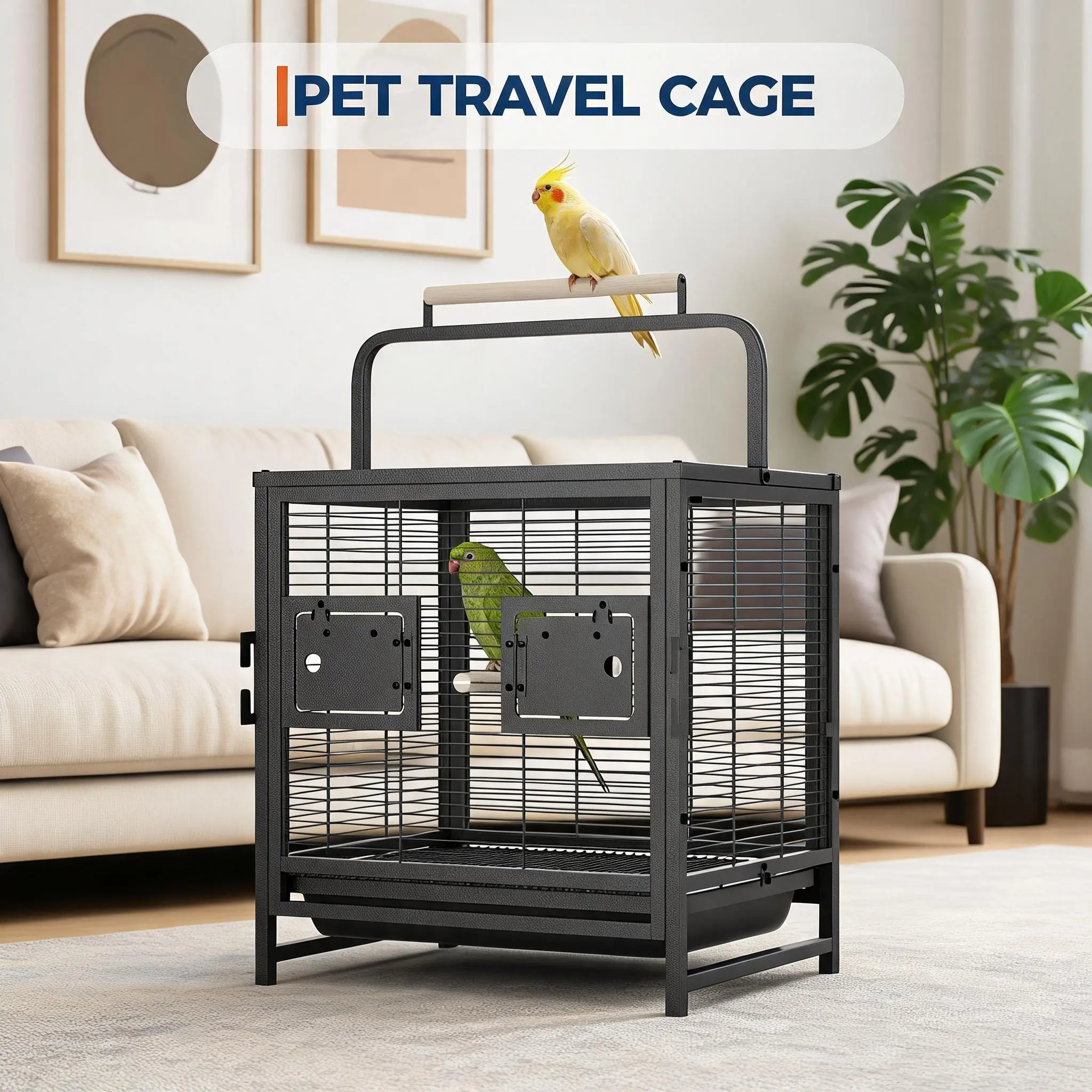 25" 3-in-1 Small Bird Cage with Open Top & Spill-Proof Feeder – Sturdy Carbon Steel, Removable Tray – for Parakeets, Cockatiels & Canaries