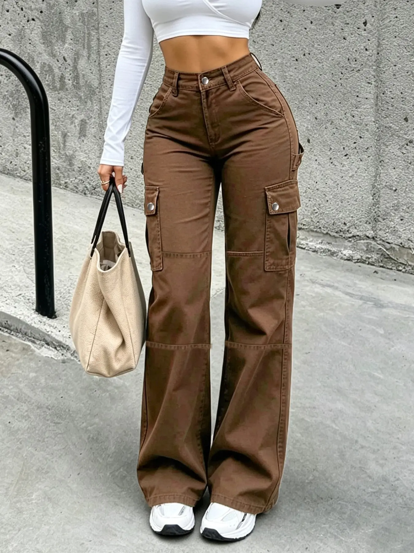 American Vintage High-Waisted Stretch Cargo Pants for Women, Loose Fit Slimming Wide Leg Straight Leg Pants, Y2K Style Chic Multi-Pocket Casual Long Pants
