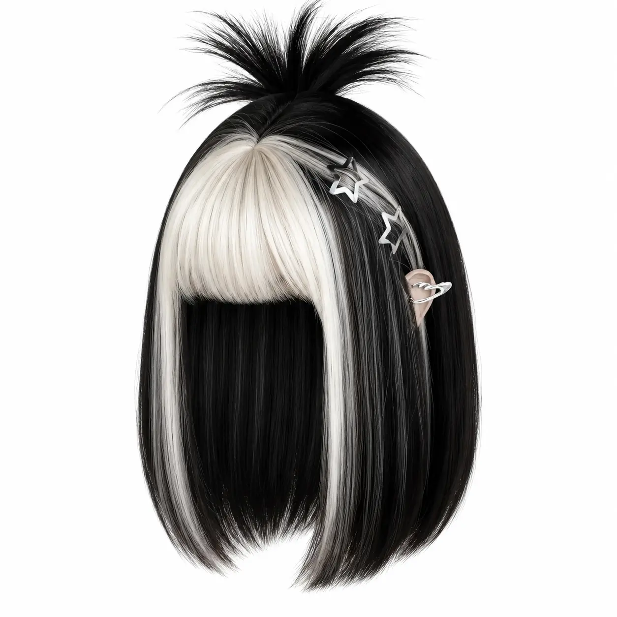 Women's 16-Inch Straight Cut Gradient Black Synthetic Cap Wig - Soft Bangs, High-Density Cap, Heat-Resistant Fibers, Subtle Silver-White Highlights, Unisex Wear for Daily Use, Halloween Theme Parties