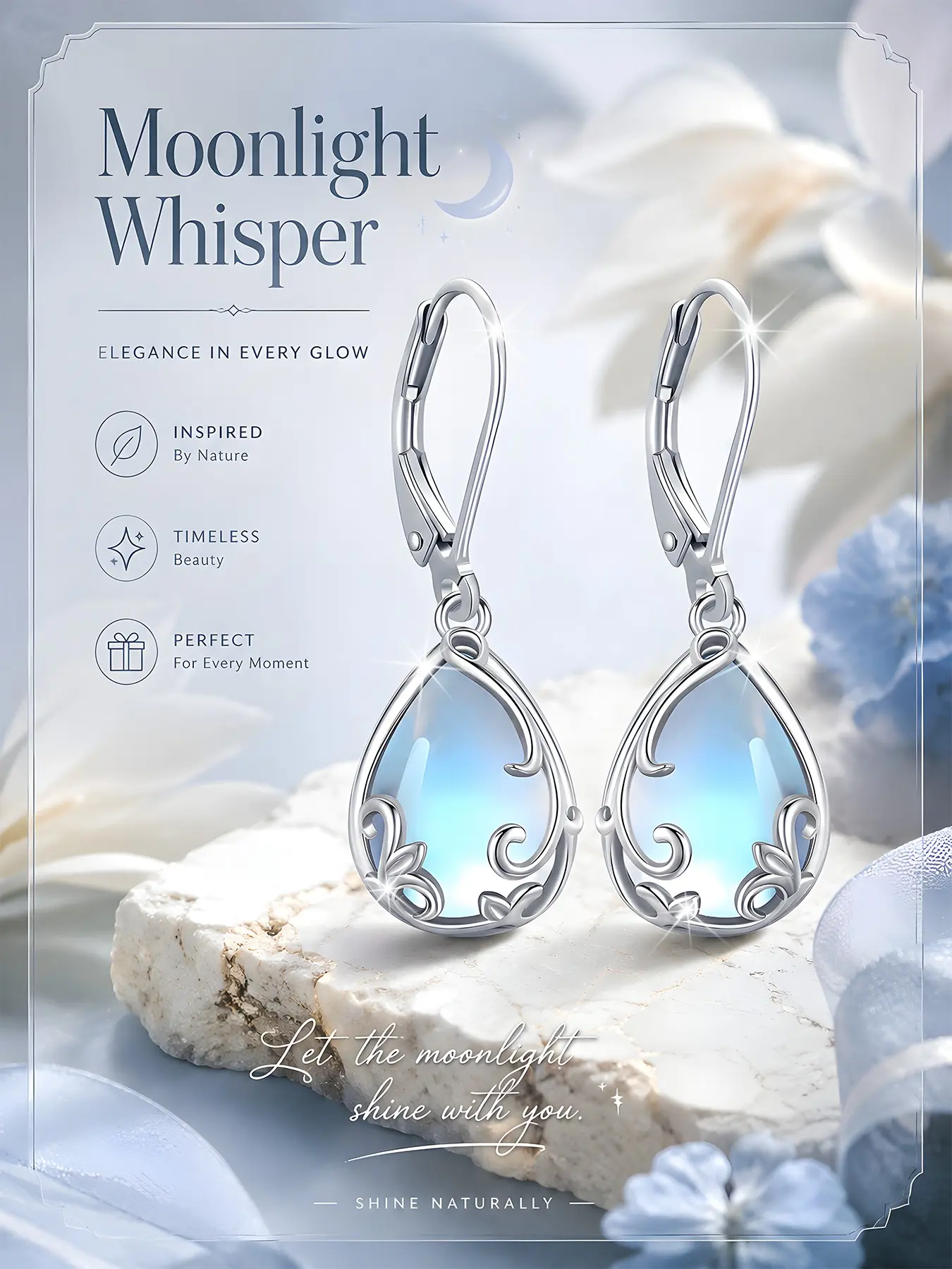 A pair of 925 silver plated earrings, Dangly earrings, with water flower moonstone pendant, nickel-free, hypoallergenic, suitable for daily wear, birthday gift, Valentine's Day gift