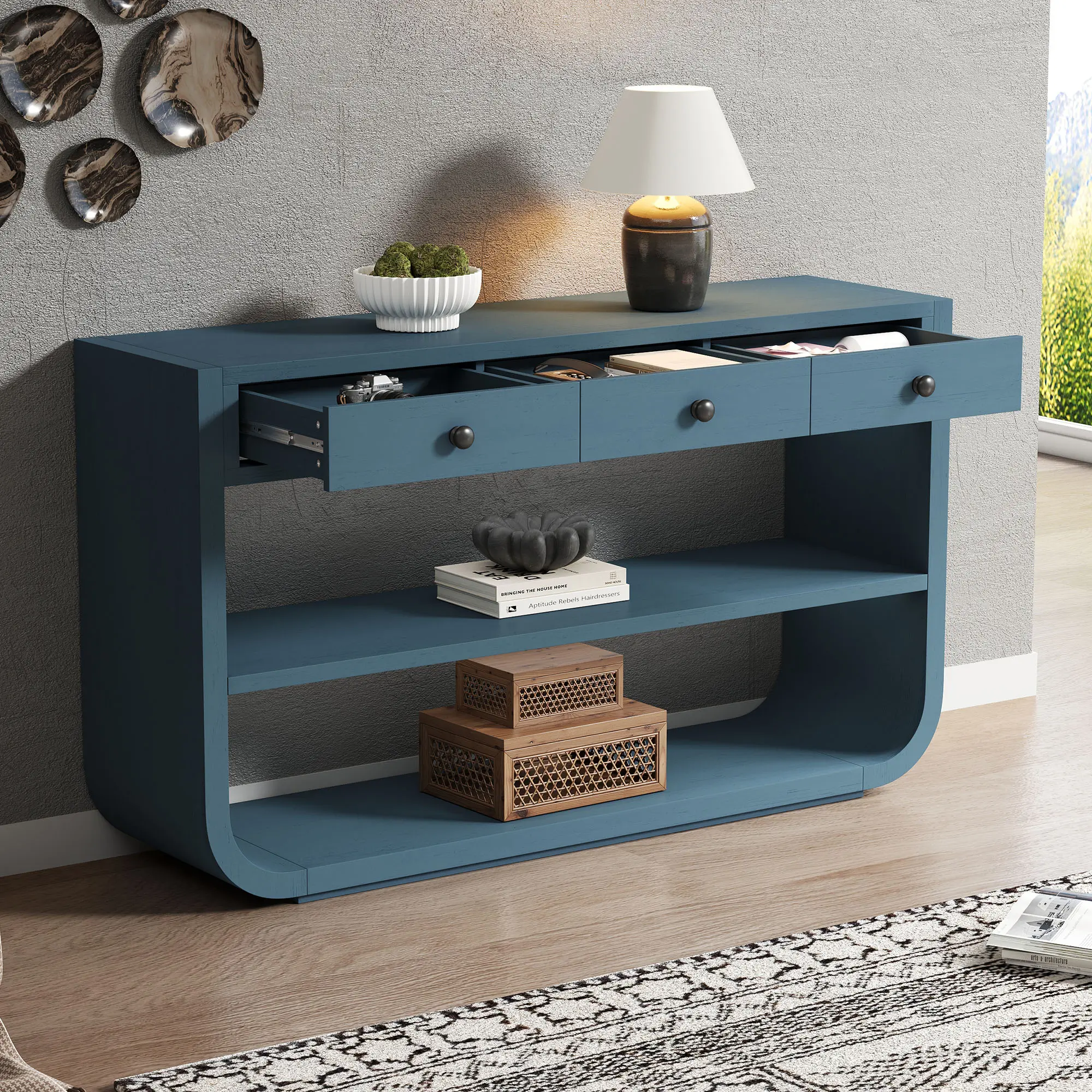 55" Modern Curved Console Table with 3 Soft-Close Drawers and 2 Open Shelves, Blue, YATU Living