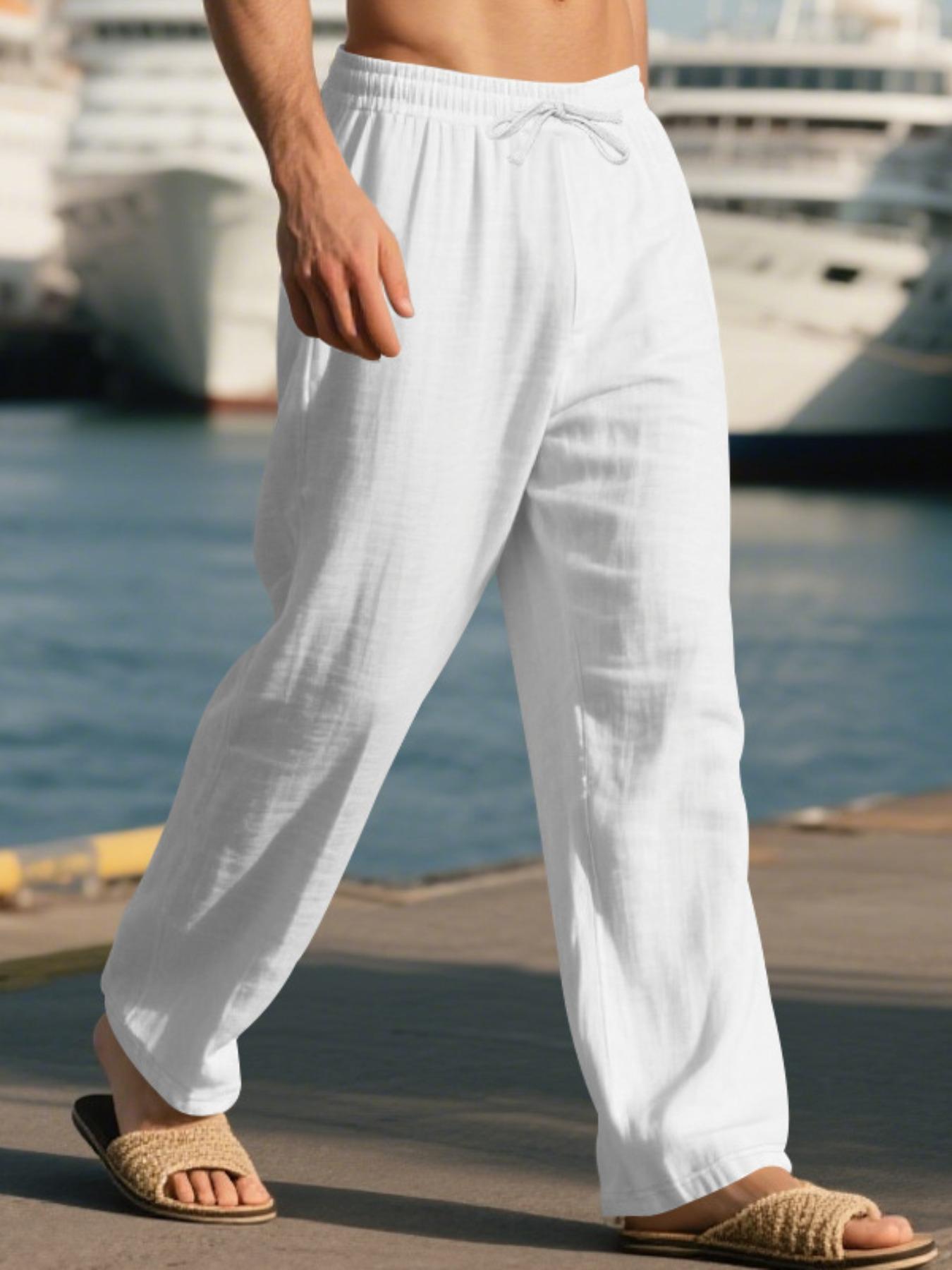 Men's Linen Long Pants, Casual Plain Trousers, Casual Loose Fit with Pockets, Spring & Fall Beach Vacation Lightweight Comfortable Breathable Fabric