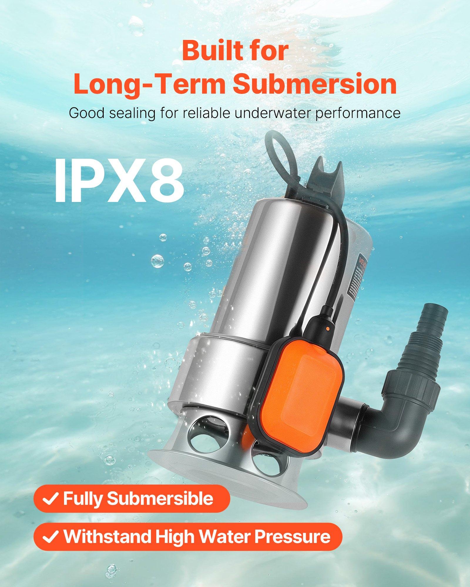 VEVOR 0.68 HP Submersible Sump Pump, 4000 GPH, Stainless Steel Submersible Sewage Dirty Clean Water Pump with Automatic Float Switch, Long Cord, 30 ft Max Lift, for Pools, Garden, Flooded Basement