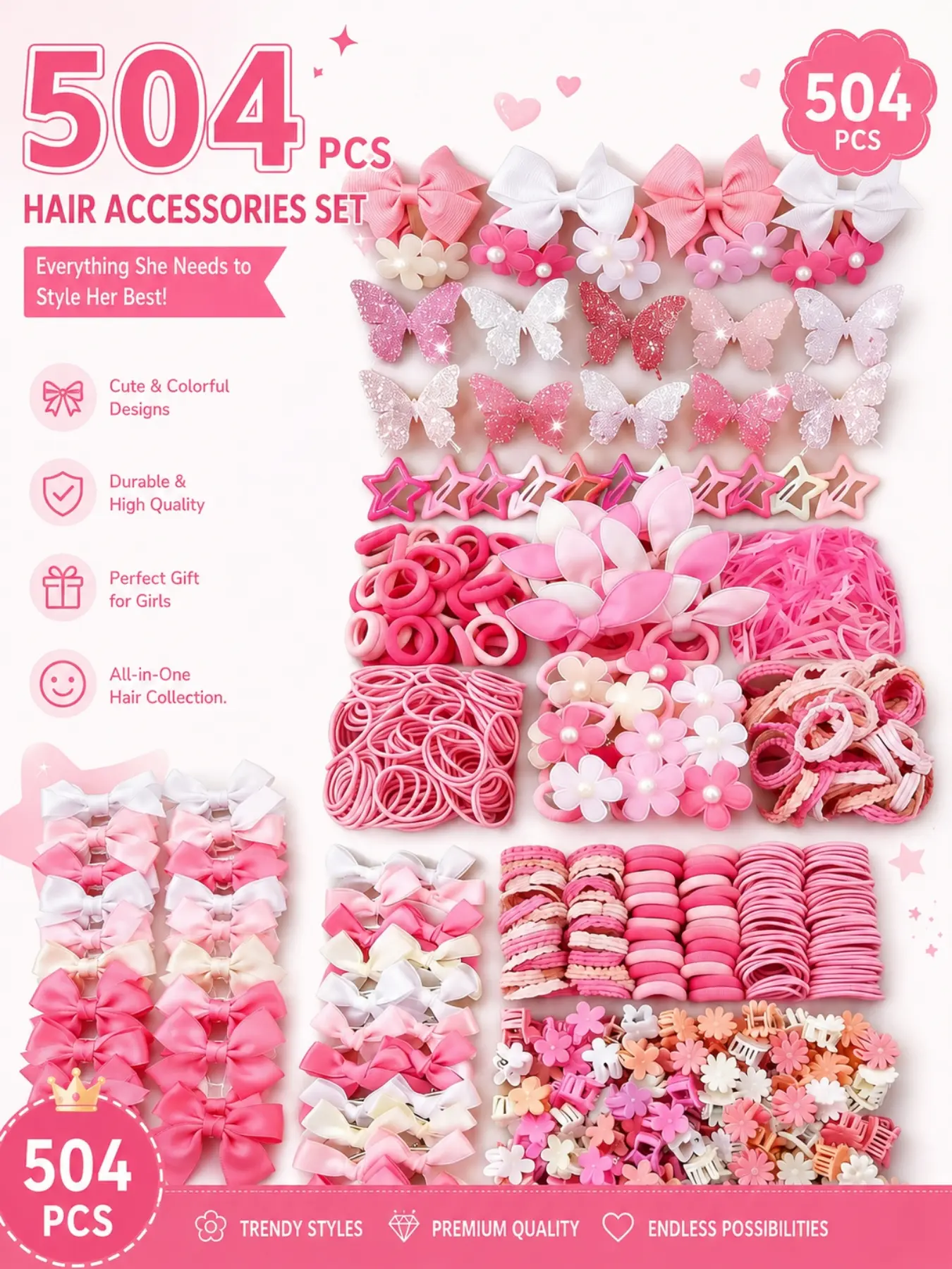 504-piece all-pink hair accessory set, cute and sweet hair accessory set, includes bow hair clips, gentle hair ties that do not damage hair, bangs and side hair clips, suitable for little girls and teenage girls
