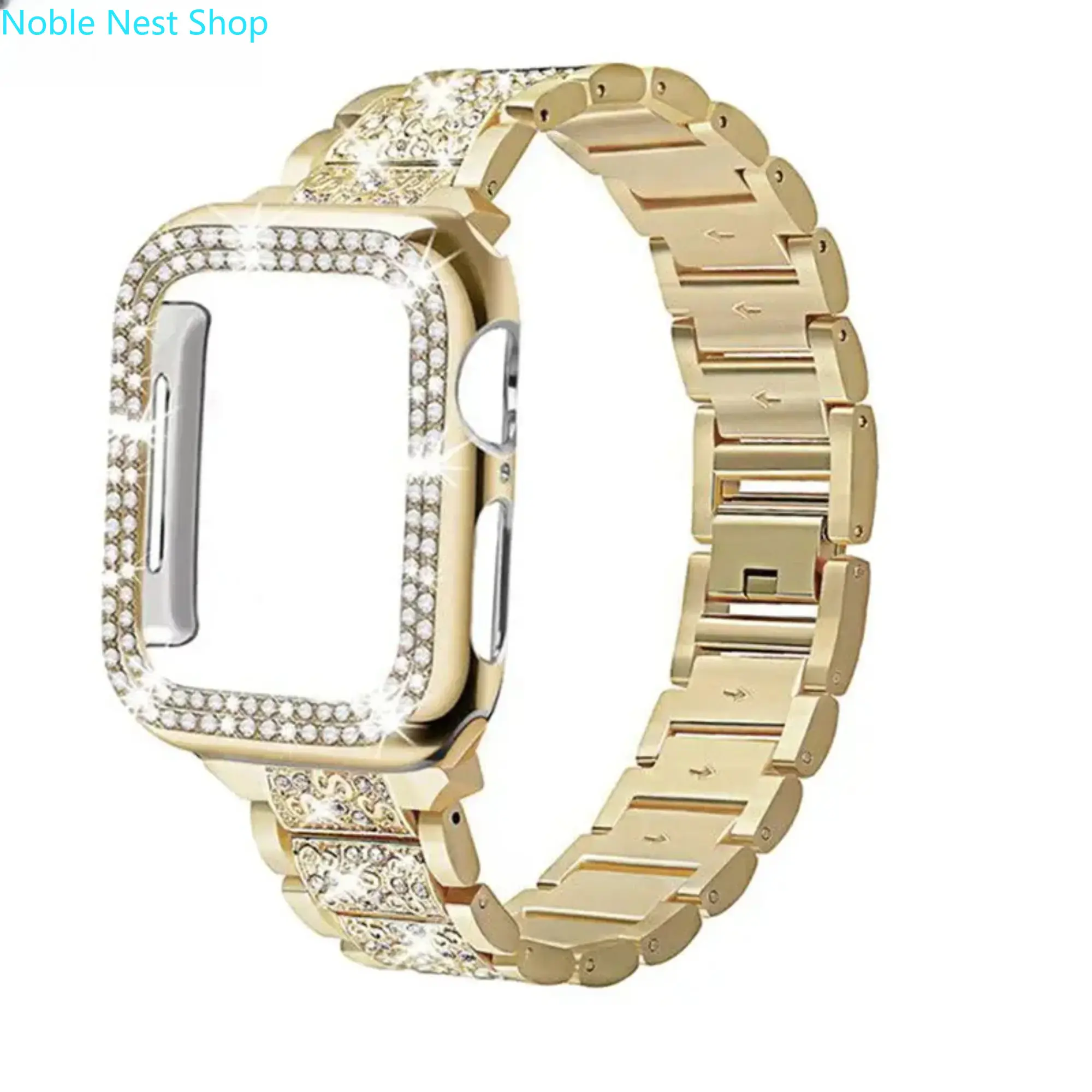 2026 Trend Luxury Diamond Rhinestone Apple Watch Case & Band Set, Sparkle Bling Metal Protective Strap, Glam Jewelry Accessory for All 38–49mm Watches Daily Outfit & Holiday Gift Set