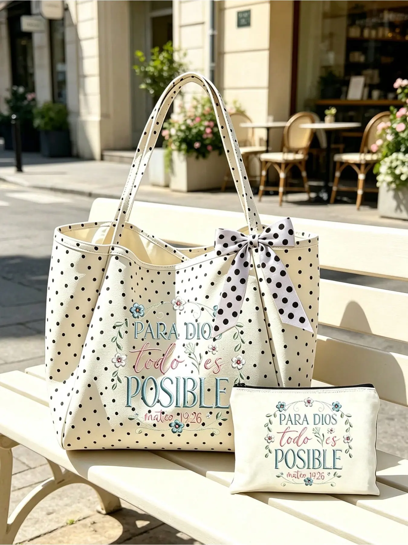 All For God Floral Polka Dot Tote Bag Set, White Dot Bow Faith Bible Shoulder Bag with Embroidered Wreath Makeup Pouch, Spanish Scripture Handbag for Church Travel Gift