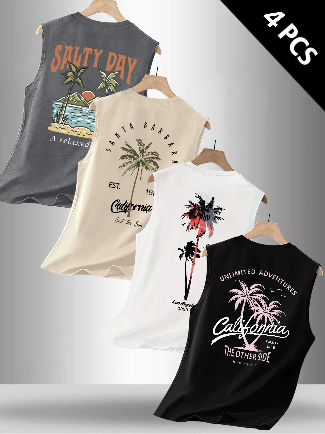 Men's Fitness Tank Top 4-Pack, Soft Round Neck Sleeveless Shirt, Letter Palm Tree Design, Casual Comfortable Vest for Summer Daily Wear