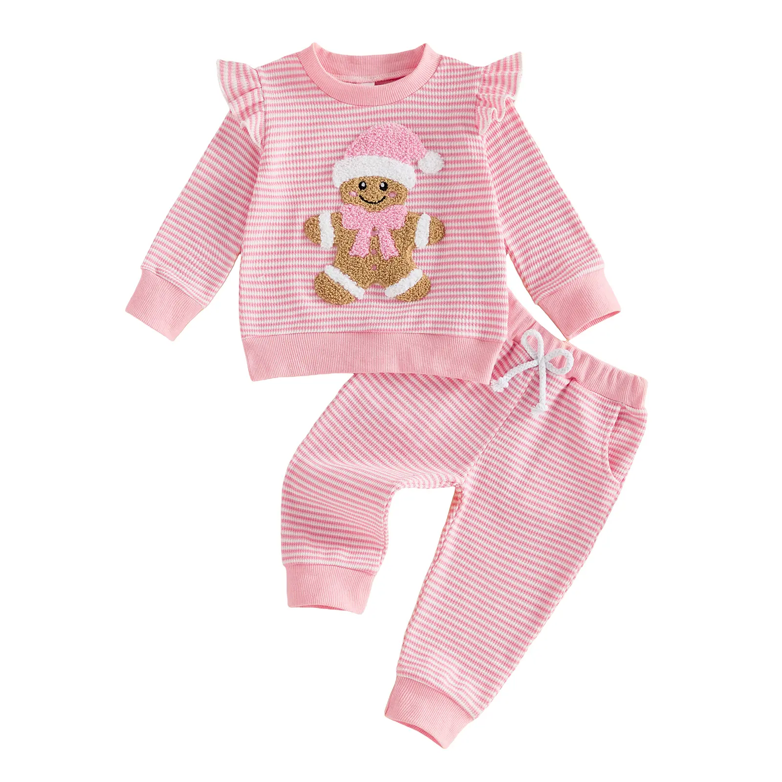 Toddler Baby Little Girl Christmas Outfits Long Sleeve Gingerbread Embroidery Striped Pullover Pants Set Fall Winter 0-3 Years