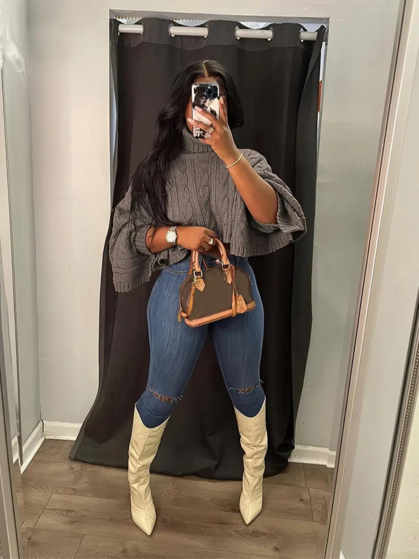 Women's Textured Split Sleeve Turtle Neck Cropped Sweater, Casual Solid Color High Neck Long Sleeve Jumper, Women's Knit Clothing for Daily Wear