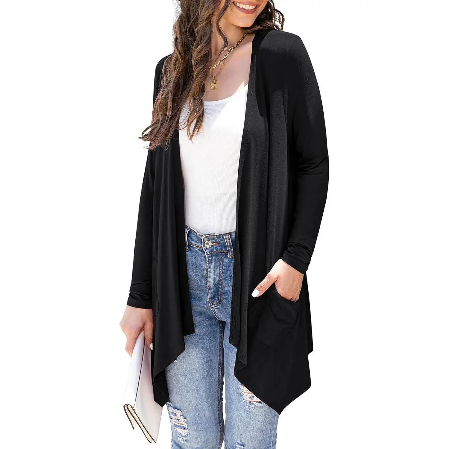 Women's Lightweight Cardigan Casual Soft Long Sleeve Floral Knit Cardigans with Pockets High Low Hem Draped Duster