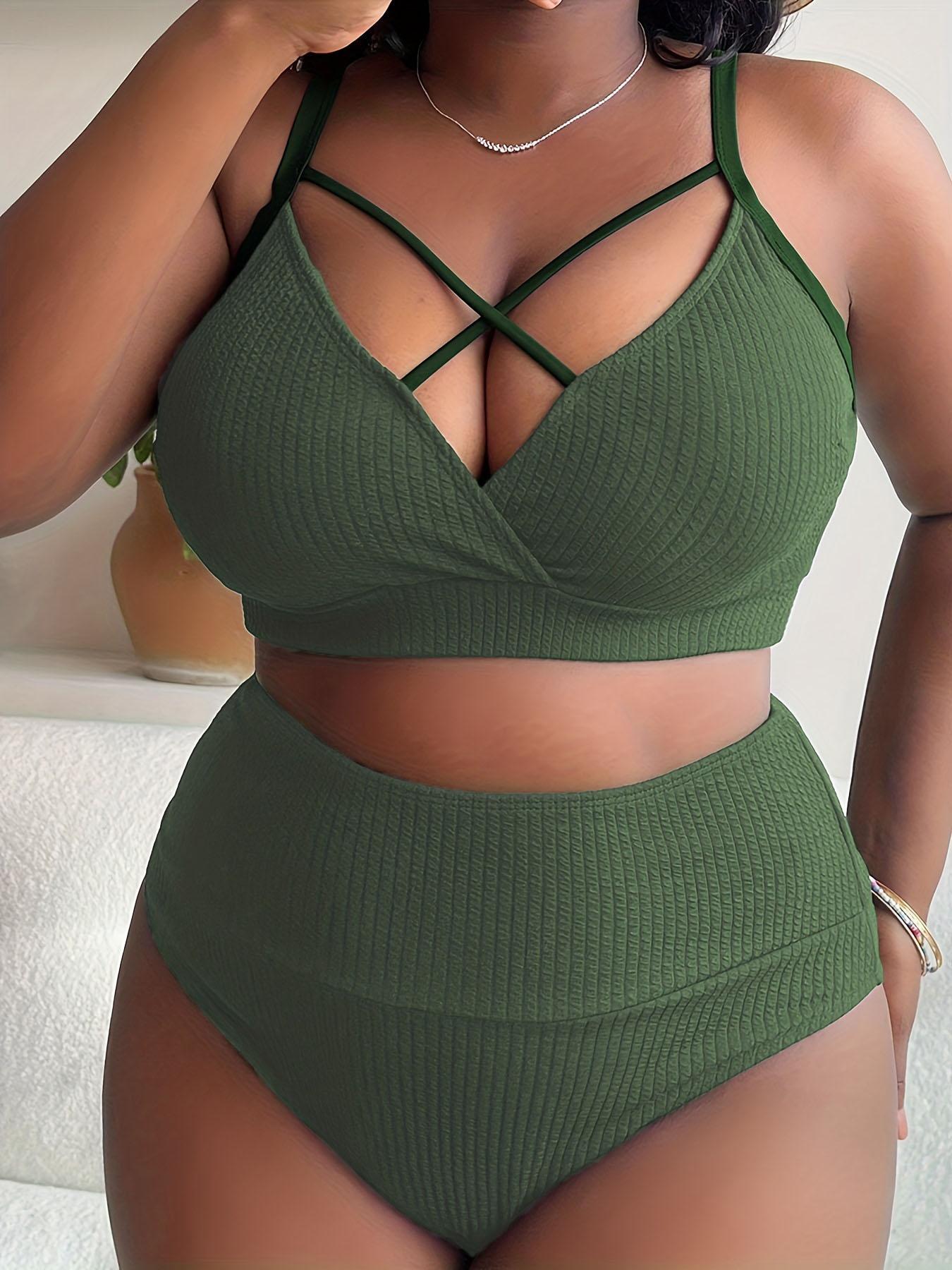 Plus Size Two-Piece Set Criss Cross Crop Cami Top & High Waist Panty Ribbed Tankini Set, Casual Adjustable Strap Swim Top & Swim Bottom, High Waisted Swimsuit, Women's Summer Swimsuit