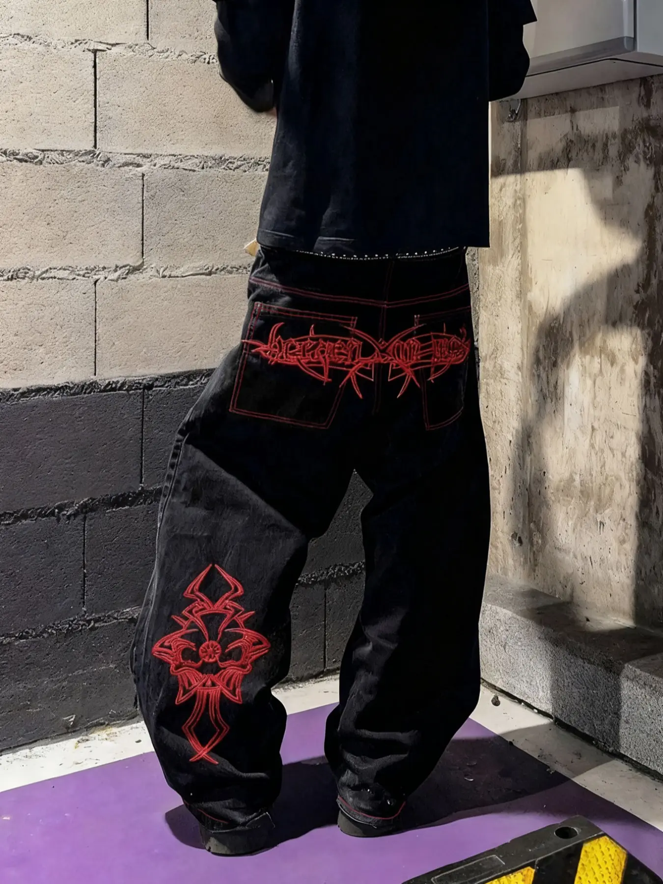 Y2K Streetwear Loose Fit Jeans, Fake Pocket Design, Skull Embroidery, Winter Casual Pants, Halloween Gift, Durable Fabric